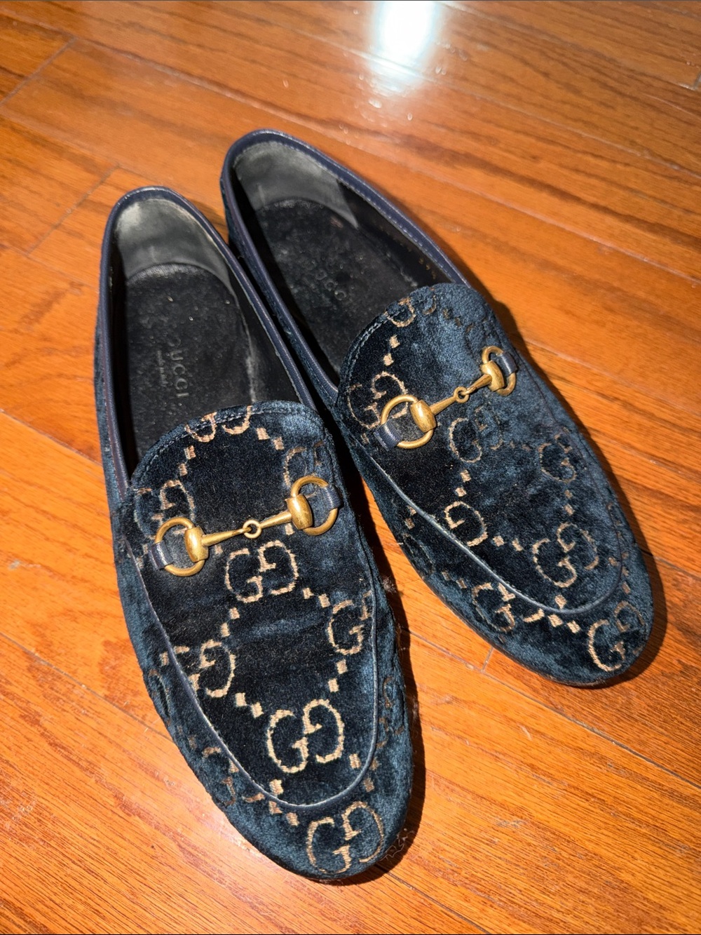 Gucci Navy Velvet Horsebit Loafers with Monogram